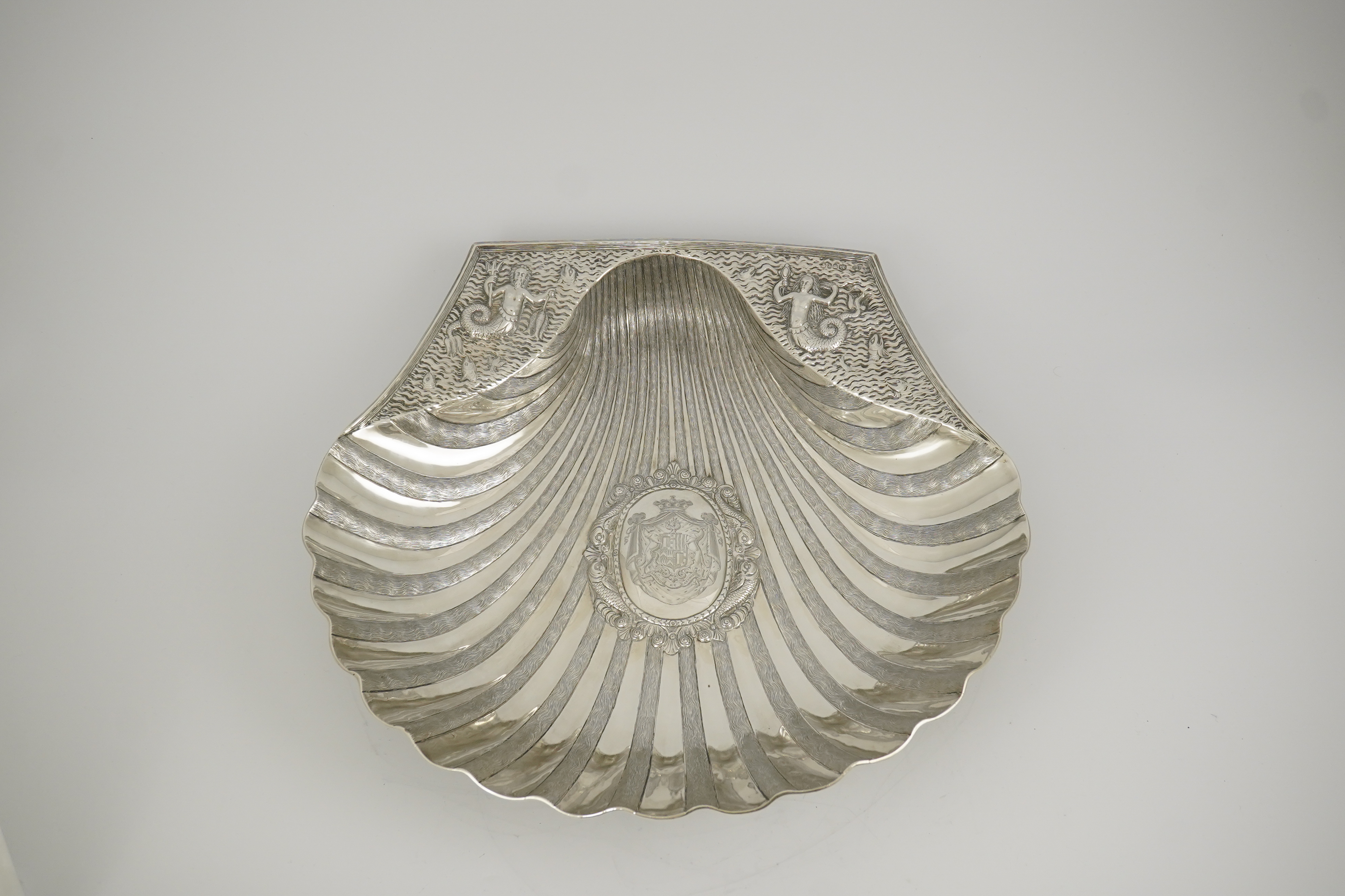 A good large Victorian silver shell shaped basin, by John Samuel Hunt (Hunt & Roskell late Storr & Mortimer), based on a 16th century model used in conjunction with a ewer for the washing of hands during and after a meal